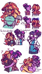 Size: 576x1024 | Tagged: source needed, safe, artist:aca-4, sci-twi, sunset shimmer, twilight sparkle, pony, unicorn, equestria girls, accessory swap, female, glasses, lesbian, scitwishimmer, shipping, simple background, sunsetsparkle, white background