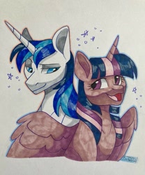 Size: 853x1024 | Tagged: source needed, safe, artist:scribble-52022, shining armor, twilight sparkle, alicorn, pony, unicorn, g4, brother and sister, female, male, siblings, stallion, traditional art, twilight sparkle (alicorn)
