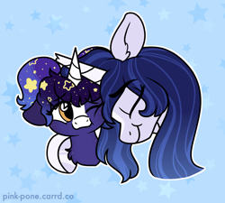Size: 1110x1000 | Tagged: safe, artist:pink-pone, oc, oc only, oc:moonlight melody, oc:nova stella, pony, unicorn, abstract background, broken horn, bust, duo, duo female, eye clipping through hair, eyebrows, eyebrows visible through hair, eyes closed, female, filly, foal, horn, mare, one eye closed, signature, smiling, starry background, unicorn oc