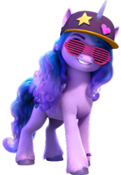 Size: 363x524 | Tagged: safe, edit, izzy moonbow, pony, unicorn, g5, my little pony: a new generation, background removed, baseball cap, cap, female, glasses, hat, looking at you, mare, shutter shades, simple background, smiling, solo, sunglasses, transparent background