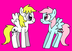 Size: 974x698 | Tagged: source needed, safe, artist:goldilocksofflowers, surprise, wind whistler, pegasus, pony, g1, g4, adoraprise, amused, best friends, crush, cute, duo, female, friends, frown, g1 to g4, generation leap, lesbian, magenta background, mare, shipping, simple background, smiling, surprise is amused, unamused, varying degrees of want, whistlerbetes, whistlerprise, wind whistler is not amused