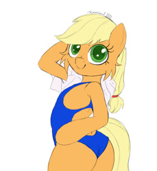 Size: 1080x1180 | Tagged: safe, artist:fajnyziomal, applejack, earth pony, pony, semi-anthro, g4, arm hooves, butt, cheek fluff, clothes, commission, cute, jackabetes, plot, simple background, solo, swimsuit, towel, white background, your character here
