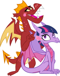 Size: 1280x1617 | Tagged: safe, artist:php170, garble, twilight sparkle, dragon, g4, behaving like a bird, blushing, colored wings, cute, dragon wings, dragoness, dragonified, duo, duo male and female, ear fluff, embarrassed, eyebrows, female, freckles, gardorable, hair, horn, looking at you, male, massage, multicolored wings, open mouth, open smile, simple background, sitting, smiling, smiling at you, species swap, transparent background, twiabetes, twilidragon, vector, wings