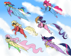 Size: 3920x3080 | Tagged: safe, artist:jolenepiggelin, applejack, fluttershy, pinkie pie, rainbow dash, rarity, twilight sparkle, alicorn, earth pony, pegasus, pony, unicorn, g4, clothes, cloud, crossed hooves, goggles, happy, high res, jetpack, jumpsuit, leonine tail, mane six, rarity is not amused, sky, sky background, smoke, tail, twilight sparkle (alicorn), unamused