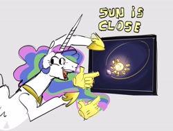Size: 4009x3034 | Tagged: safe, artist:alumx, princess celestia, alicorn, pony, g4, earth, female, gray background, hand, magic, magic hands, mare, open mouth, open smile, orbit, perihelion, pointing, screen, simple background, smiling, solo, sun