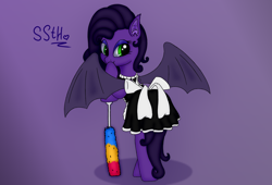 Size: 3184x2160 | Tagged: safe, artist:supershadow_th, oc, oc:lazytentacle, bat pony, pony, clothes, duster, female, green eyes, high res, maid, mare, purple, solo, tentacles