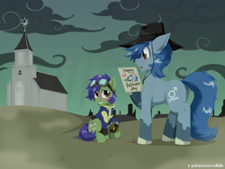 Size: 1600x1200 | Tagged: safe, artist:willoillo, oc, oc only, oc:p-21, oc:scotch tape, earth pony, pony, fallout equestria, fallout equestria: project horizons, blushing, butt, church, clothes, commission, cowboy hat, fanfic art, father's day, goggles, goggles on head, hat, jumpsuit, pipboy, pipbuck, plot, sitting, vault suit