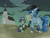 Size: 1600x1200 | Tagged: safe, artist:willoillo, oc, oc only, oc:p-21, oc:scotch tape, earth pony, pony, fallout equestria, fallout equestria: project horizons, blushing, church, clothes, commission, cowboy hat, earth pony oc, fanfic art, father's day, female, filly, foal, goggles, goggles on head, hat, jumpsuit, larger male, male, pipboy, pipbuck, pony oc, sitting, smaller female, stallion, vault suit