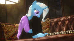 Size: 1280x720 | Tagged: safe, artist:mod-madclicker, trixie, unicorn, anthro, unguligrade anthro, g4, 3d, blushing, clothes, cute, diatrixes, female, horn, pants, shirt, sitting, solo