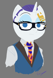 Size: 552x812 | Tagged: safe, artist:realgero, rarity, unicorn, anthro, g4, alternate hairstyle, bust, clothes, glasses, necktie, solo, suit, tattoo, valorant, video game reference