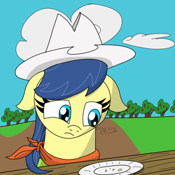 Size: 4000x4000 | Tagged: safe, artist:grassy blade, fiddlesticks, earth pony, pony, g4, absurd resolution, apple, apple family member, apple tree, cowboy hat, female, floppy ears, food, frown, hat, mare, outdoors, plate, sad, signature, solo, tree