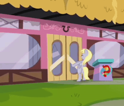 Size: 836x720 | Tagged: safe, edit, edited screencap, screencap, derpy hooves, pegasus, pony, a trivial pursuit, g4, season 9, animated, bipedal, bubble butt, butt, cropped, female, mare, no sound, plot, pulling, solo, webm, zoom out