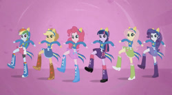 Size: 828x458 | Tagged: safe, screencap, applejack, fluttershy, pinkie pie, rainbow dash, rarity, twilight sparkle, human, equestria girls, g4, my little pony equestria girls, boots, clothes, cowboy boots, female, high heel boots, humane five, humane six, shirt, shoes, skirt, socks