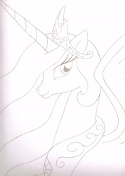 Size: 2069x2899 | Tagged: safe, artist:projectsnt, princess celestia, alicorn, pony, g4, 2012, female, high res, mare, monochrome, simple background, solo, traditional art, white background