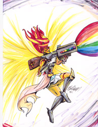 Size: 1280x1657 | Tagged: safe, artist:masterdarhil, sunset shimmer, human, equestria girls, g4, blood, cannon, daydream shimmer, fanfic art, injured, marker drawing, traditional art