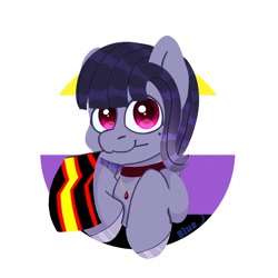 Size: 1640x1639 | Tagged: safe, artist:bluemoon, oc, oc:salacious allusion, pegasus, pony, chibi, collar, jewelry, looking at you, mouth hold, necklace, nonbinary, pegasus oc, pride flag, pride month, rubber pride flag, simple background, solo, white background