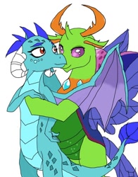 Size: 624x796 | Tagged: safe, artist:ashi, princess ember, thorax, changedling, changeling, dragon, anthro, g4, dragoness, eye contact, female, interspecies, king thorax, looking at each other, male, ship:embrax, shipping, simple background, spoilers for another series, straight, white background