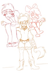 Size: 600x905 | Tagged: safe, artist:noupu, apple bloom, applejack, big macintosh, human, equestria girls, g4, apple siblings, apple sisters, brother and sister, carrying, female, male, monochrome, siblings, sisters, sketch, trio