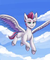 Size: 1600x1900 | Tagged: safe, artist:zachc, zipp storm, pegasus, pony, g5, concave belly, female, flying, looking at you, mare, sky, slender, solo, spread wings, thin, wings