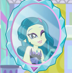 Size: 761x768 | Tagged: safe, screencap, juniper montage, human, equestria girls, equestria girls specials, g4, my little pony equestria girls: mirror magic, female, mirror, one eye closed, solo