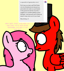 Size: 1275x1414 | Tagged: safe, artist:professorventurer, oc, oc:cassie venturer, oc:professor venturer, pegasus, pony, advice, ask professor venturer, duo, female, hat, husband and wife, male, mare, not pinkamena, pegasus oc, simple background, stallion, top hat, yellow background