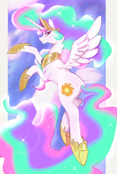 Size: 4049x6000 | Tagged: safe, artist:rirurirue, princess celestia, alicorn, pony, butt, crown, ethereal mane, ethereal tail, female, flying, hoof shoes, horn, jewelry, looking at you, looking back, looking back at you, mare, peytral, plot, ponybooru import, profile, regalia, side view, smiling, solo, spread wings, tail, wings