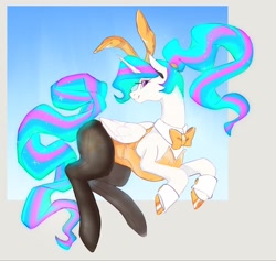 Size: 2048x1938 | Tagged: safe, artist:rirurirue, princess celestia, alicorn, pony, g4, alternate hairstyle, bowtie, bunny ears, bunny suit, bunnylestia, clothes, cuffs (clothes), female, horn, leotard, mare, pantyhose, playboy bunny, ponybooru import, ponytail, pretty, profile, side view, smiling, solo, wings