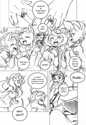 Size: 741x1078 | Tagged: safe, artist:boastudio, hitch trailblazer, izzy moonbow, pipp petals, sprout cloverleaf, sunny starscout, zipp storm, earth pony, pegasus, unicorn, anthro, comic:hooves & fins, g5, black and white, comic, crossed arms, eyebrows, eyebrows visible through hair, eyes closed, female, frown, grayscale, grin, jewelry, lesbian, male, mane five, married couple, monochrome, open mouth, open smile, ring, ship:moonscout, shipping, simple background, sketch, smiling, sprout joins the mane five, white background