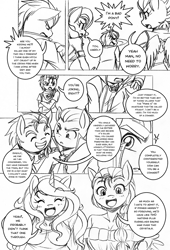 Size: 737x1085 | Tagged: safe, artist:boastudio, hitch trailblazer, izzy moonbow, pipp petals, sprout cloverleaf, sunny starscout, zipp storm, earth pony, pegasus, unicorn, anthro, comic:hooves & fins, g5, black and white, comic, crossed arms, eyebrows, eyebrows visible through hair, eyes closed, female, frown, grayscale, grin, jewelry, lesbian, male, mane five, married couple, monochrome, open mouth, open smile, ring, ship:moonscout, shipping, simple background, sketch, smiling, sprout joins the mane five, white background