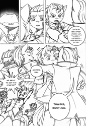 Size: 740x1079 | Tagged: safe, artist:boastudio, hitch trailblazer, izzy moonbow, sprout cloverleaf, sunny starscout, zipp storm, earth pony, pegasus, unicorn, anthro, comic:hooves & fins, g5, ass, butt, crying, grayscale, hug, monochrome, sketch, smiling, tears of joy, traditional art, underass