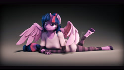 Size: 9600x5400 | Tagged: safe, artist:imafutureguitarhero, sci-twi, twilight sparkle, alicorn, classical unicorn, anthro, unguligrade anthro, art pack:pin-up paradise 2022, g4, 3d, :p, absurd file size, absurd resolution, adorasexy, black bars, bra, bra strap, cheek fluff, chest freckles, chin fluff, chromatic aberration, clothes, cloven hooves, colored eyebrows, colored eyelashes, cute, ear fluff, ear freckles, evening gloves, female, film grain, floppy ears, fluffy, freckles, fur, gloves, gradient background, hair bun, hoof fluff, hooves, horn, leonine tail, letterboxing, long gloves, lying down, mare, multicolored hair, multicolored mane, multicolored tail, one ear down, one leg raised, paintover, partially open wings, pinup, prone, revamped anthros, revamped ponies, sci-twilicorn, sexy, shirt, signature, socks, solo, source filmmaker, stockings, striped gloves, striped socks, striped stockings, tail, the pose, thigh highs, tongue out, twiabetes, twilight sparkle (alicorn), underwear, unshorn fetlocks, wall of tags, wing fluff, wing freckles, wings