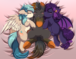 Size: 3080x2408 | Tagged: safe, artist:pridark, oc, oc only, oc:peacher, oc:scorched earth, bat pony, pegasus, pony, bat pony oc, cheek kiss, commission, female, high res, kiss sandwich, kissing, lucky bastard, male, pegasus oc, trio