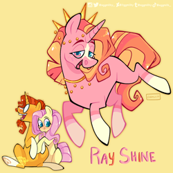 Size: 2048x2048 | Tagged: safe, artist:3ggmilky, fluttershy, sunburst, oc, oc:ray shine, pegasus, pony, unicorn, g4, blushing, coat markings, female, flutterburst, glasses, high res, jewelry, male, offspring, parent:fluttershy, parent:sunburst, parents:flutterburst, shipping, simple background, socks (coat markings), straight, yellow background