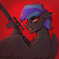 Size: 1920x1920 | Tagged: safe, artist:tanatos, oc, oc only, oc:silver wing, pegasus, pony, blood, blue mane, gun, pegasus oc, red eyes, rifle, simple background, sniper rifle, solo, weapon