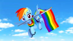 Size: 1920x1080 | Tagged: safe, artist:owlpirate, rainbow dash, pegasus, pony, g4, 3d, bandana, female, flying, looking at you, mare, mouth hold, pride flag, rainbow flag, smiling, smiling at you, solo, source filmmaker, unshorn fetlocks