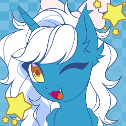 Size: 1706x1706 | Tagged: safe, artist:spotenyx, oc, oc only, oc:fleurbelle, alicorn, pony, :3, adorabelle, alicorn oc, bow, checkered background, cute, fangs, female, gold star, hair bow, horn, looking at you, mare, ocbetes, one eye closed, solo, stars, wings, wink, winking at you, yellow eyes
