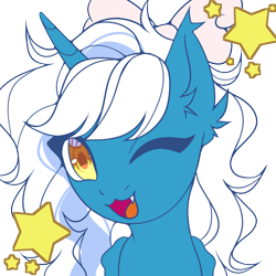 Size: 1706x1706 | Tagged: safe, alternate version, artist:spotenyx, oc, oc only, oc:fleurbelle, alicorn, pony, :3, adorabelle, alicorn oc, bow, cute, fangs, female, gold star, hair bow, horn, looking at you, mare, ocbetes, one eye closed, simple background, solo, stars, transparent background, wings, wink, winking at you, yellow eyes