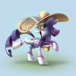 Size: 2043x2048 | Tagged: safe, artist:brdte, rarity, pony, unicorn, g4, basket, boots, commission, cowboy boots, cowboy hat, female, hat, high res, lidded eyes, mare, rhinestone rarihick, shoes, solo