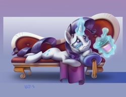 Size: 2048x1575 | Tagged: safe, artist:brdte, rarity, pegasus, pony, g4, comfort eating, crying, eating, fainting couch, female, food, glowing, glowing horn, horn, ice cream, levitation, lying down, magic, makeup, mare, marshmelodrama, prone, rarity being rarity, running makeup, solo, telekinesis, wavy mouth