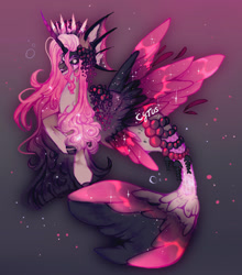 Size: 1280x1452 | Tagged: safe, artist:taikasykes, oc, oc only, alicorn, hybrid, merpony, seapony (g4), adoptable, bubble, ethereal mane, female, fin wings, fins, fish tail, flowing tail, jewelry, looking at you, mare, necklace, ocean, open mouth, pearl necklace, pink mane, seaponified, signature, simple background, smiling, smiling at you, solo, sparkles, species swap, starry mane, starry wings, swimming, tail, teeth, underwater, water, wings