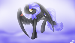 Size: 985x577 | Tagged: safe, artist:prettyshinegp, oc, oc only, oc:cloudy night, pegasus, pony, female, flying, looking back, mare, pegasus oc, signature, solo, wings