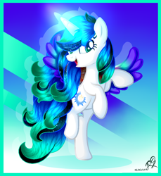 Size: 784x857 | Tagged: safe, artist:prettyshinegp, oc, oc only, pony, abstract background, base used, eyelashes, female, glowing, glowing horn, horn, mare, rearing, signature, solo