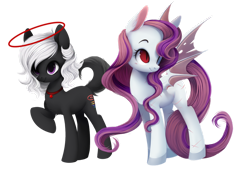 Size: 1280x863 | Tagged: safe, artist:dammmnation, oc, oc only, bat pony, earth pony, pony, bat pony oc, bat wings, duo, earth pony oc, female, hair over one eye, halo, mare, simple background, smiling, transparent background, wings