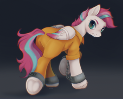 Size: 3319x2680 | Tagged: safe, artist:kotletova97, zipp storm, pegasus, pony, g5, bound wings, butt, clothes, cuffed, cuffs, high res, looking back, plot, prison outfit, prisoner, prisoner zipp, solo, wings, zippbutt