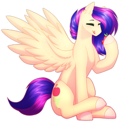 Size: 2488x2504 | Tagged: safe, artist:purplegrim40, oc, oc only, pegasus, pony, colored hooves, cute, eating, food, herbivore, high res, licking, licking lips, pegasus oc, simple background, solo, strawberry, tongue out, transparent background, wings