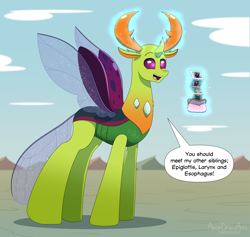 Size: 3800x3600 | Tagged: safe, artist:aarondrawsarts, pharynx, thorax, oc, changedling, changeling, g4, changeling oc, commission, commissioner:reversalmushroom, dialogue, high res, king thorax, magic, male, prince pharynx, pun, siblings, wallet