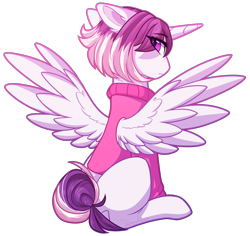 Size: 2668x2515 | Tagged: safe, artist:purplegrim40, oc, oc only, alicorn, pony, alicorn oc, clothes, eye clipping through hair, high res, horn, looking back, simple background, solo, spread wings, transparent background, wings