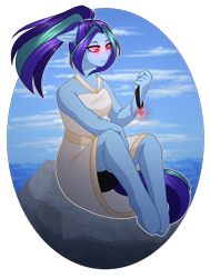 Size: 2335x3082 | Tagged: safe, artist:purplegrim40, oc, oc only, anthro, unguligrade anthro, bare shoulders, clothes, disguise, disguised siren, female, high res, jewelry, necklace, outdoors, simple background, siren oc, sitting, sleeveless, transparent background