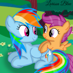 Size: 720x720 | Tagged: safe, artist:mlplary6, rainbow dash, scootaloo, pegasus, pony, g4, female, filly, foal, looking at each other, looking at someone, mare, scootalove, sibling love, siblings, sisters, smiling, smiling at each other