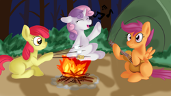 Size: 1920x1080 | Tagged: safe, artist:jbond, apple bloom, scootaloo, sweetie belle, earth pony, pegasus, pony, unicorn, g4, bonfire, campfire, cutie mark crusaders, dexterous hooves, eyes closed, female, filly, fire, foal, food, forest, guitar, marshmallow, musical instrument, night, note, open mouth, redraw, singing, tent, tongue out, tree, tree branch, trio